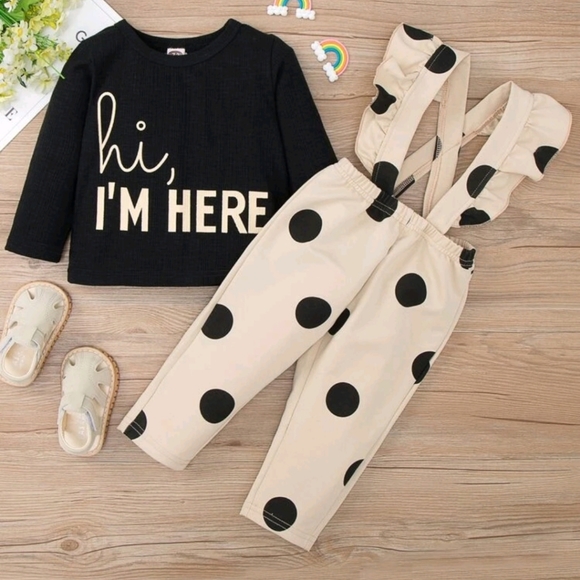 Other - Baby Slogan Graphic tee & polka dot Ruffle trim overall jumpsuit